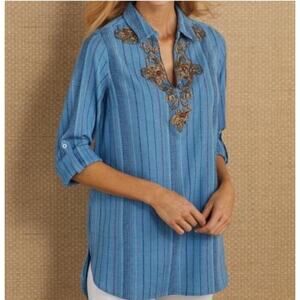 Soft Surroundings Women’s Size M Embellished Striped‎ Pullover Tunic W/Pockets